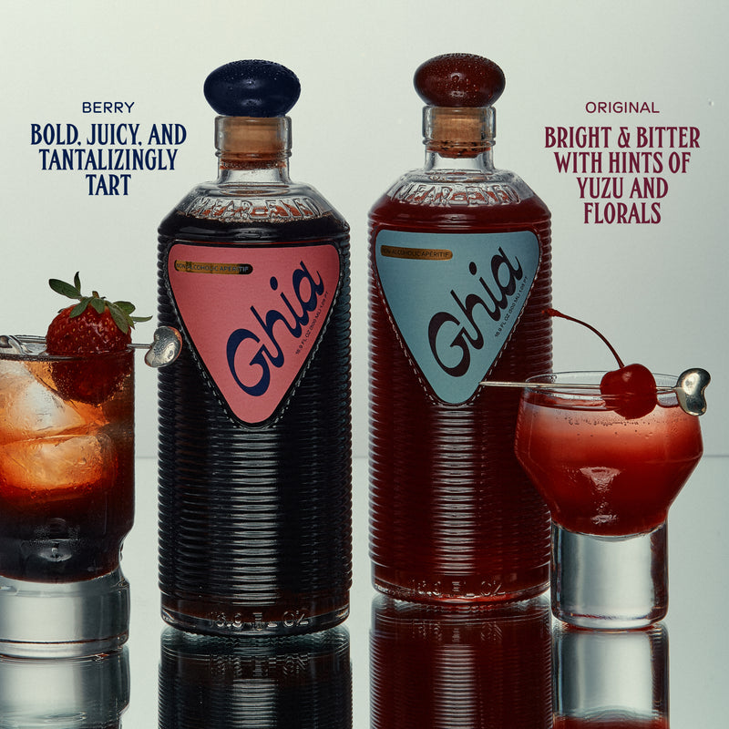 Two Ghia bottles: Original (Bitter & Bright flavor) and Berry (Bold & Juicy flavor). Both contain 17 servings, with 2.7g of sugar from fruit and no added sugar