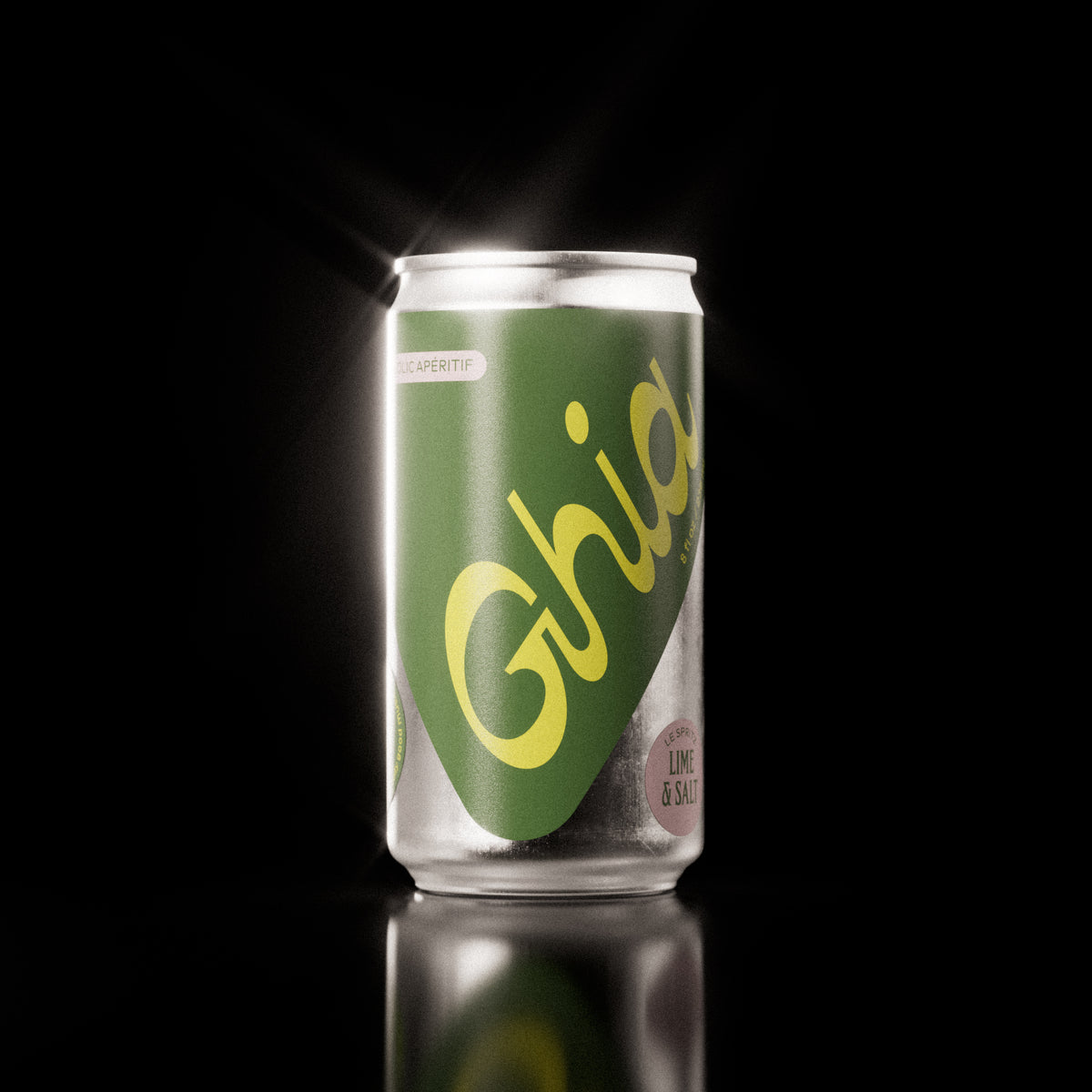 A Ghia non-alcoholic spritz can with a green label, yellow lettering, and a silver aluminum body, featuring a lime and salt flavored featuring a non-alcoholic spritz beverage.