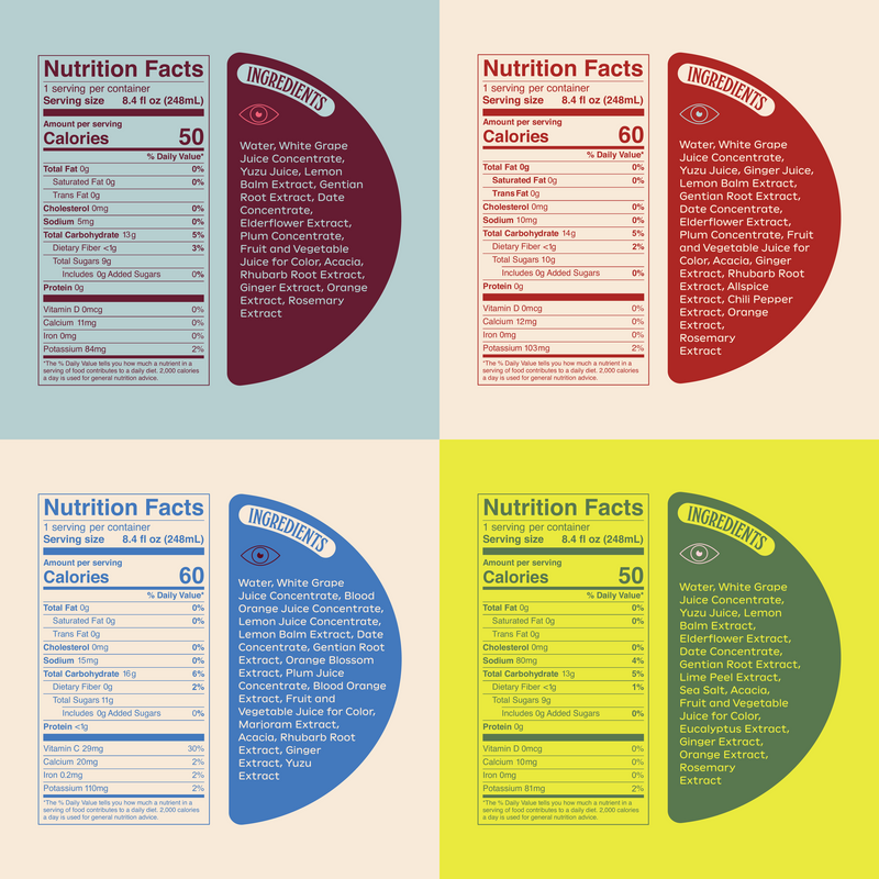 Nutrition facts and ingredient lists for four Ghia flavors, 50-60 calories per serving, with grape juice and botanicals