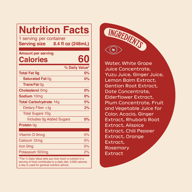 Nutrition label for Ghia Ginger. Serving size: 8.4fl oz (236ml). 60 calories per serving. 0g fat, 0mg cholesterol, 10mg sodium, 13g total carbohydrates, 9g total sugars, 0g added sugars, 0g protein. Ingredients include white grape juice, yuzu, ginger juice, lemon balm, and botanical extracts.