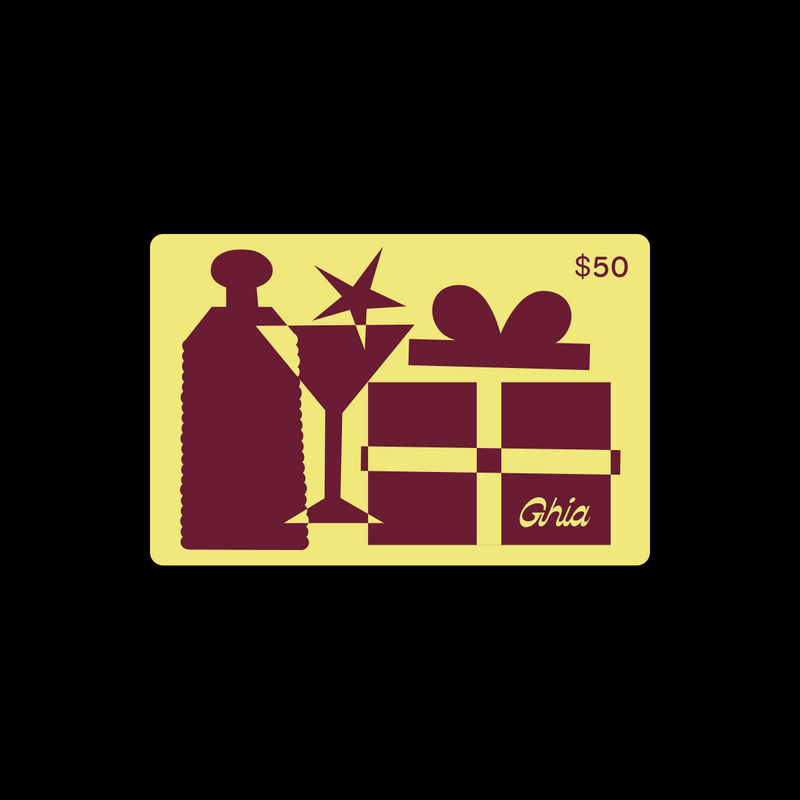 $50 Ghia gift card in yellow with burgundy bottle, coupe glass and gift box illustration