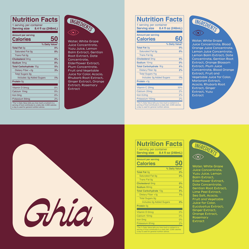 Nutrition facts and ingredient lists for Ghia flavors, 50-60 calories per serving, with grape juice, yuzu and lemon balm