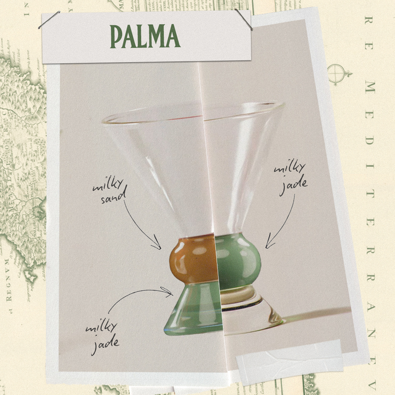 Palma colorway Ghia Totem glass with milky jade base in front of its labeled design sketch