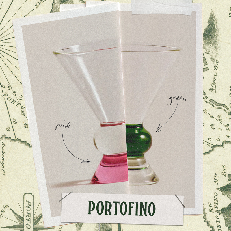 Glasses with colored bases labeled 'Portofino' on a vintage map background